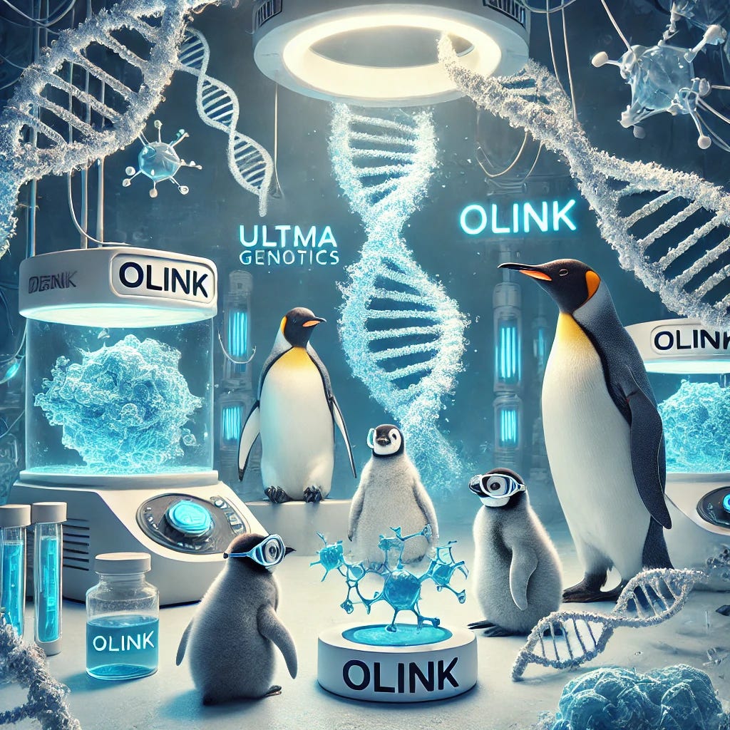 A creative and surreal image combining Ultima Genomics' futuristic technology with penguins interacting with proteins and Olink. The penguins are exploring a glowing lab environment filled with DNA strands, protein structures, and advanced scientific equipment labeled with Olink. The penguins appear curious and intelligent, some wearing small lab coats and goggles, while others observe protein models glowing in the air. The scene is brightly lit with a blend of icy blue tones and high-tech futuristic elements. The overall mood is innovative and whimsical, blending science with nature.