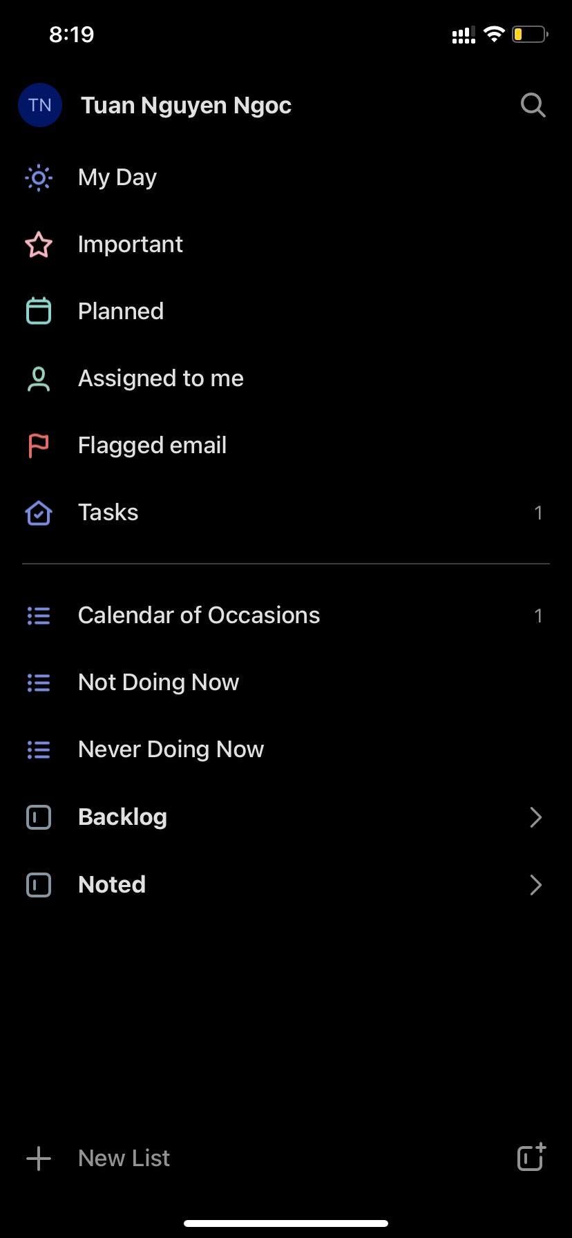 May be an image of text that says "8:19 TN Tuan Nguyen Ngoc My Day Important Planned Assigned to me Flagged email Tasks Calendar of Occasions Not Doing Now Never Doing Now Backlog Noted 十 New List"
