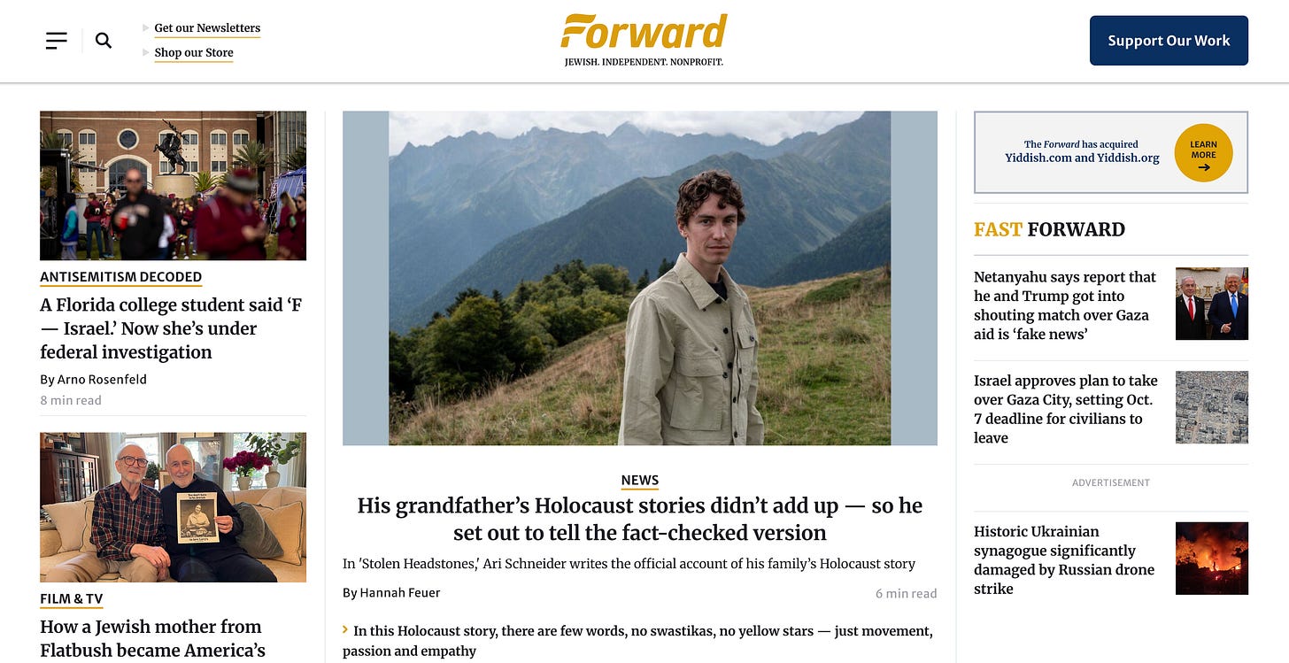 A screenshot of the homepage of The Forward, an independent Jewish newspaper.