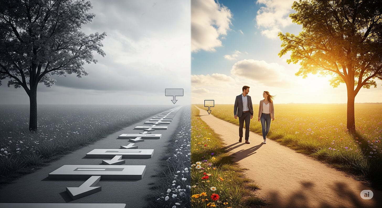 A split image contrasting two paths. The left side shows a bleak, black-and-white path made of sterile flowchart arrows under a cloudy sky. The right side shows a warm, sunny path in full color, where a man and a woman walk and talk through a field of wildflowers. A split image contrasting two paths. The left side shows a bleak, black-and-white path made of sterile flowchart arrows under a cloudy sky. The right side shows a warm, sunny path in full color, where a man and a woman walk and talk through a field of wildflowers.