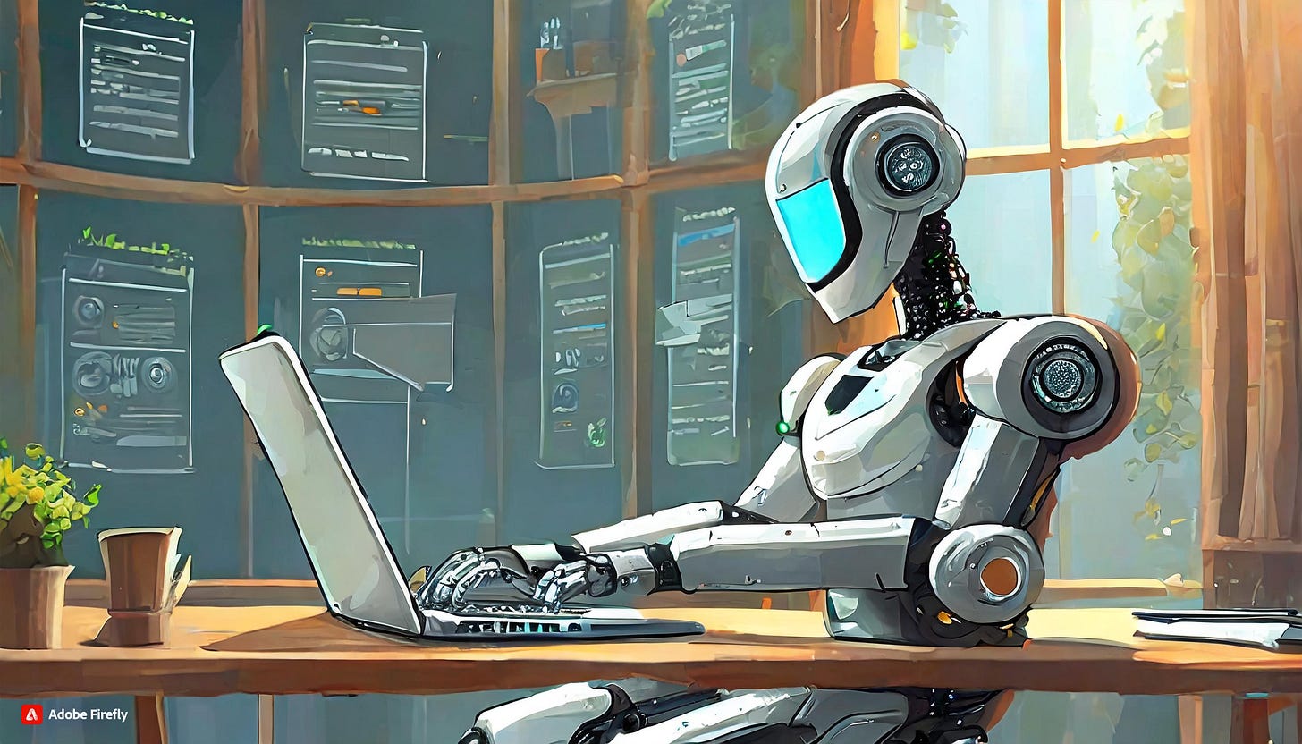 a robot working on the laptop and working on his todo list