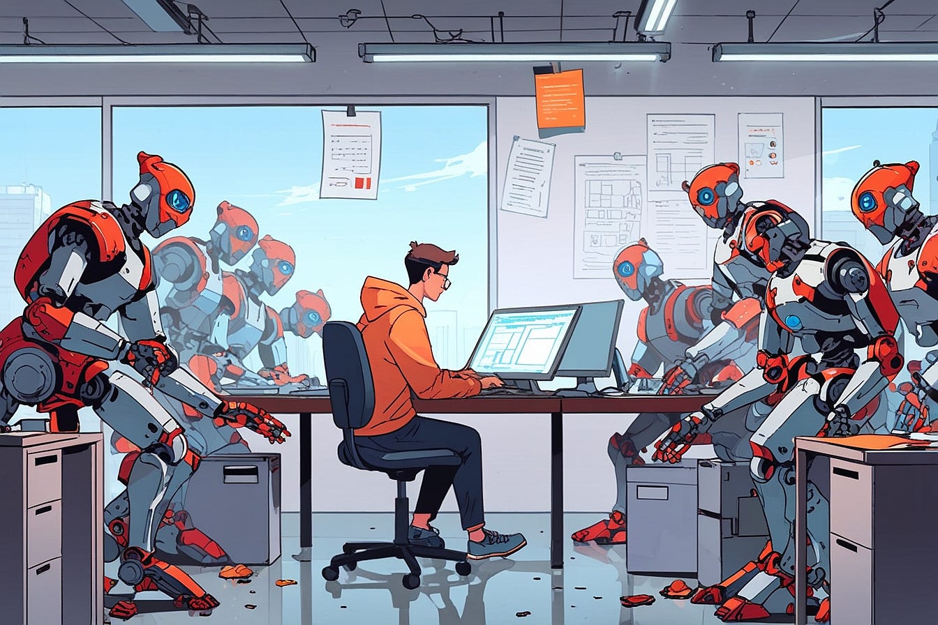 A frustrated cartoon engineer in a hoodie sits at a cluttered desk surrounded by floating AI agent robots — each one holding a clipboard, spinning in circles, or bumping into each other. One robot is handing a printout to a human who immediately hands it to another human who puts it in a spreadsheet. A giant banner on the wall reads "AGENTIC TRANSFORMATION" while absolutely nothing has changed. The art style is bold digital illustration with clean lines, vibrant colors, and exaggerated comedic expressions. Background is a modern open office.