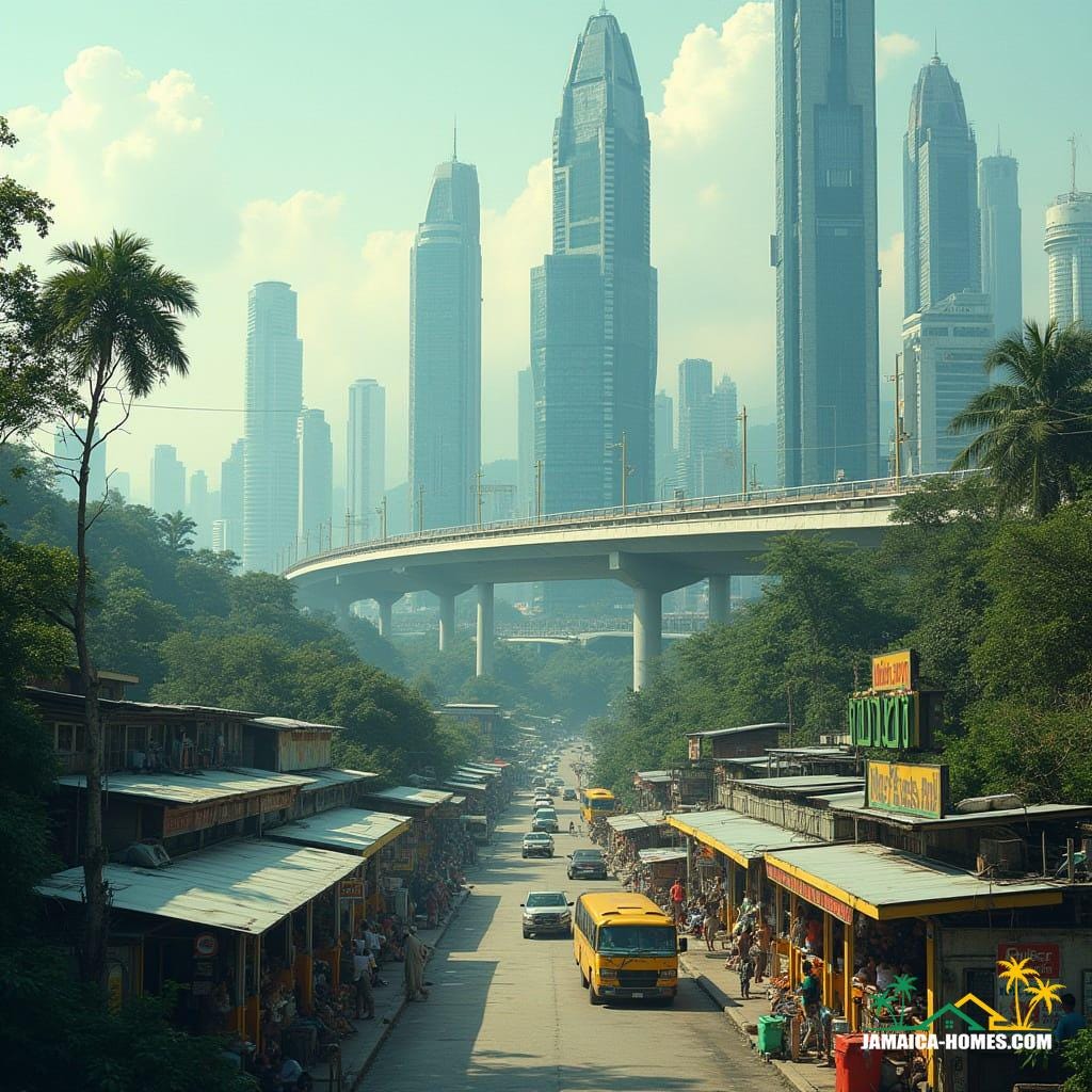 A futuristic Ocho Rios skyline with sleek glass towers, highway snaking through, petrol stations and convenience stores mid-level, colorful Jamaican minibuses on elevated roads, waterfalls and jungle between facades, vibrant market stalls on rooftop terraces, in a cinematic film still style, reminiscent of Blade Runner, with a hint of Syd Mead and Ash Thorp's futuristic neon aesthetic, shot on 35mm film with a v-raptor XL, incorporating film grain, vignette, and cinematic lighting, color graded for a dramatic atmosphere.