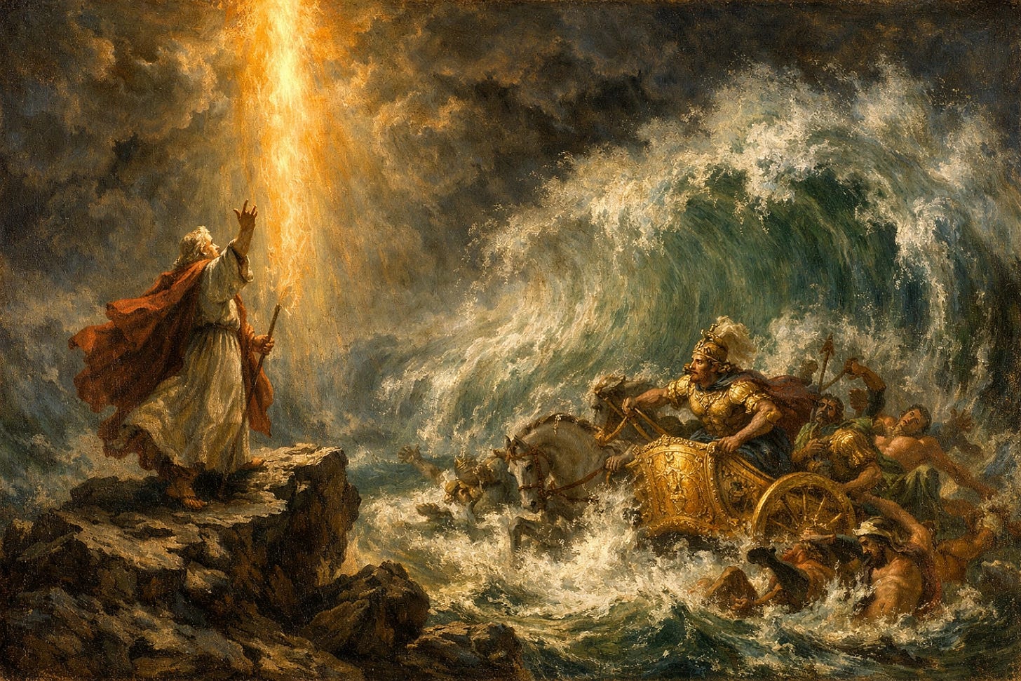 Moses parting the Red Sea as Pharaoh’s army perishes, representing divine authority over human tyranny. Moses parting the Red Sea as Pharaoh’s army perishes, representing divine authority over human tyranny.