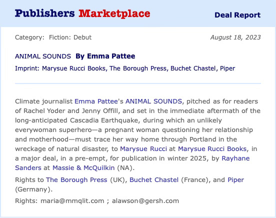 Publishers Marketplace announcement for Animal Sounds by Emma Pattee later retitled Tilt