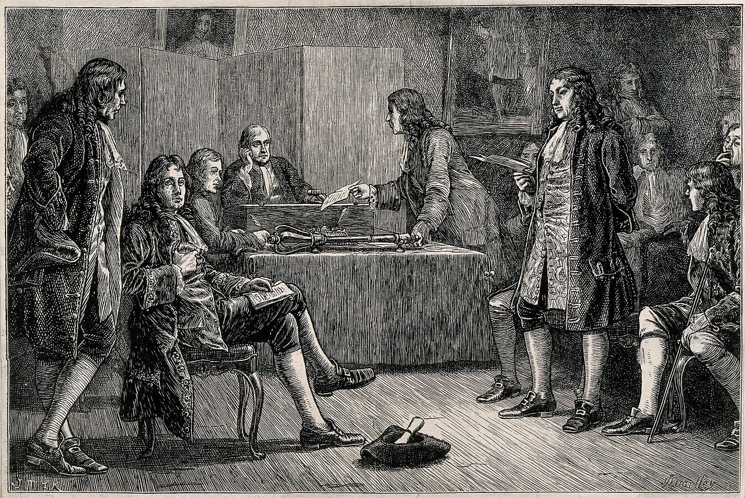A historical courtroom scene with men in 17th-century attire; one man stands to speak while others sit and observe, with papers and wigs visible.