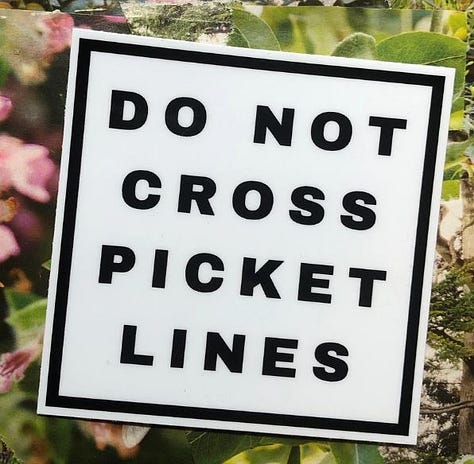 Blue circle that says "Unions are good, actually"; Square that says "Do Not Cross Picket Lines"; Stripes and waves and the words "Unionize: Workers of the world have nothing to lose by your chains"