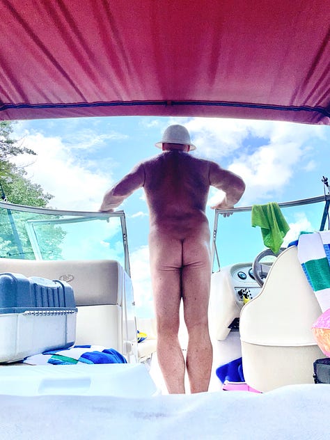 Albert and Anita swim among lily pads in the Netherlands; Dave stands nude on Baker Beach holding his dog with the Golden Gate Bridge in the distance; Jacob wades in at Denny Blaine; James walks out of the water wearing sunglasses; Craig stands naked at the helm of a boat under a red canopy.