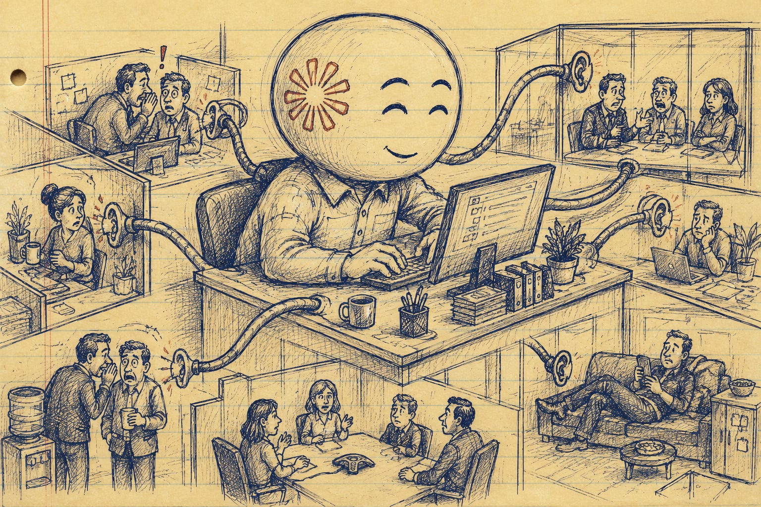 AI Created Hand-drawn editorial cartoon showing a giant Claude-like AI coworker sitting in a central office cubicle while long ear-shaped extensions reach into meeting rooms, private conversations, workstations, and break areas throughout the office. Employees attempting to whisper or hold confidential discussions look startled as they discover the AI is listening everywhere at once.