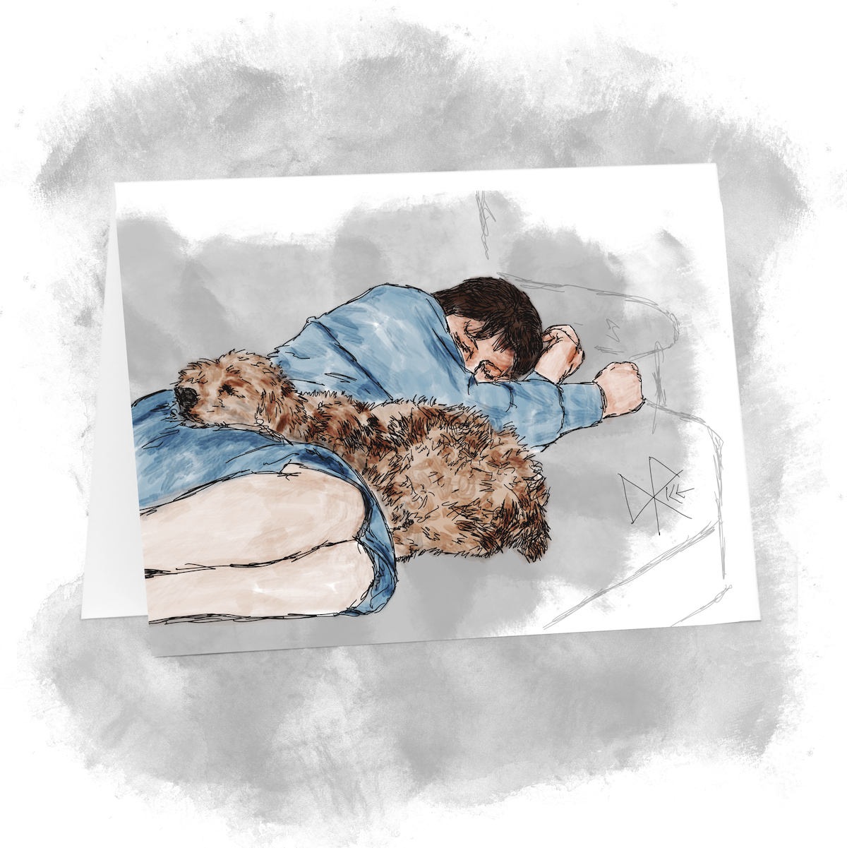 A woman in a blue dress taking a nap on a couch. A spaniel naps with her, curled into the negative space and chin propped on the woman’s hip. Sketch art by Don Rice. A woman in a blue dress taking a nap on a couch. A spaniel naps with her, curled into the negative space and chin propped on the woman’s hip. Sketch art by Don Rice.