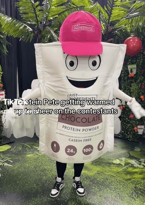 A photo of a man dressed as a protein drink