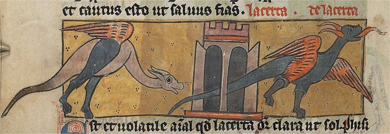 medieval illumination of two winged lizard-creatures with humorous expressions