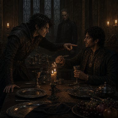 Greegan and Haliq arguing over the silverware in a dim Barovian dining hall, Greegan depicted with a unique fantasy rogue palette—lean, sharp-featured, storm-gray eyes, tousled dark hair, worn leathers—without resembling any real actor, Haliq poised and meticulous, candlelight flickering, tension vivid and expressive