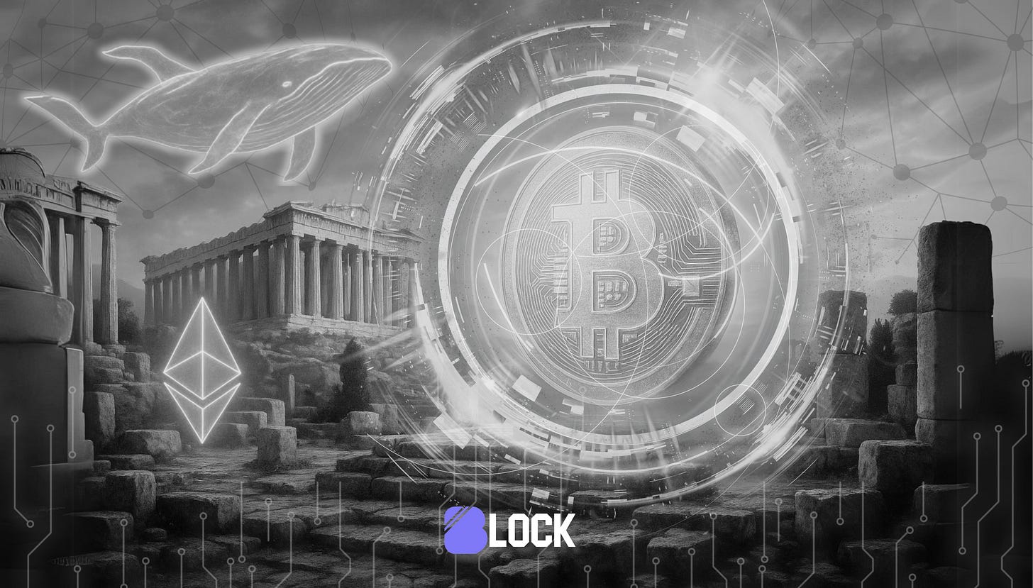 A black-and-white digital artwork blending ancient Greek architecture with modern crypto iconography. The background features classical stone ruins and columns, resembling the Parthenon. A large, glowing Bitcoin symbol is centered in a futuristic, circular holographic interface. Above the ruins, a neon-outline whale floats in the sky, representing crypto whale activity. On the left, the Ethereum logo glows with white neon light. Circuit-like patterns and a network mesh overlay the scene, emphasizing the digital theme. At the bottom, the logo “BLOCK” is displayed in white and purple.