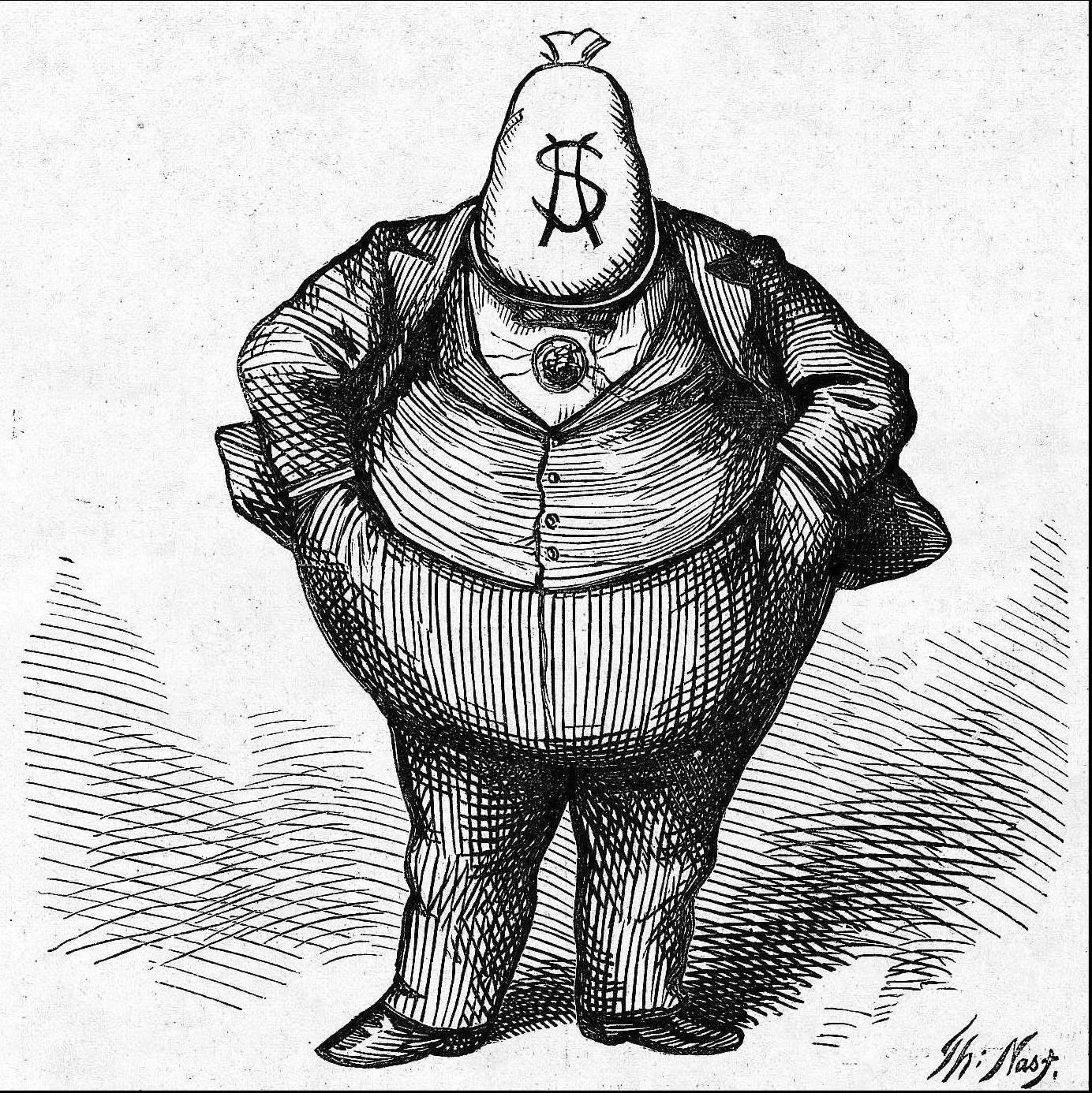 Nast depicts the infamous Boss Tweed as a heavier set man with a bag of money for his head. The caption, “The Brains”, implies that Tweed’s brains are controlled and fed by greed.
