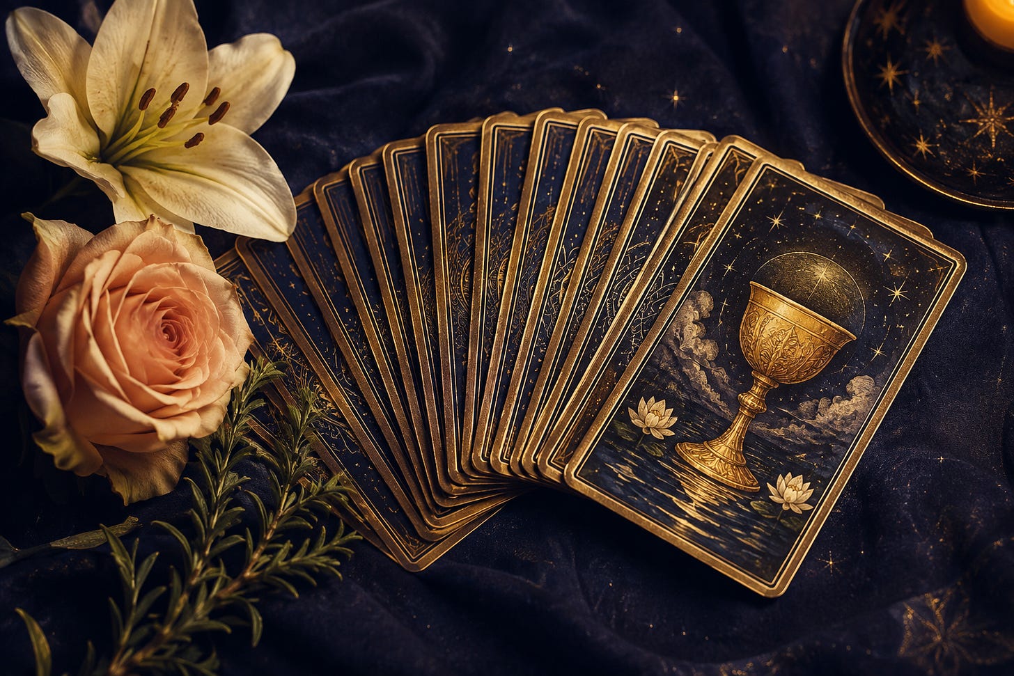 A fan of tarot cards with gold backs on a dark surface, with a white lily and a pale pink rose laid beside them.