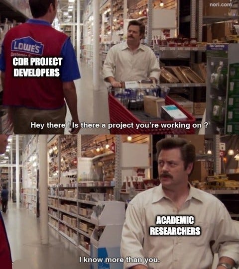 Two Parks and Recreation stills in a hardware store. A clerk labelled "CDR project developers": "Hey there! Is there a project you're working on?" Ron Swanson, labelled "Academic researchers": "I know more than you."