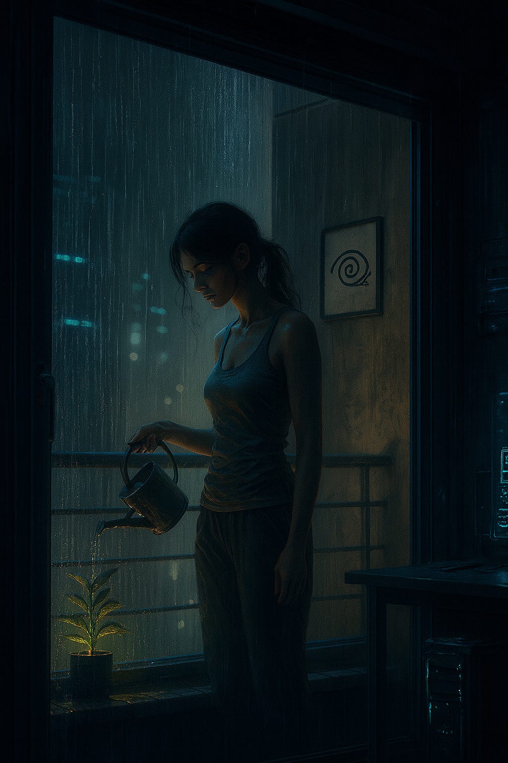 A woman waters a small plant inside her dimly lit futuristic apartment while rain streaks down the glass door. The scene is viewed from outside on the balcony. A faint neon sigil glows on the wet surface outside, and the room behind her is illuminated by soft cyberpunk lighting. A woman waters a small plant inside her dimly lit futuristic apartment while rain streaks down the glass door. The scene is viewed from outside on the balcony. A faint neon sigil glows on the wet surface outside, and the room behind her is illuminated by soft cyberpunk lighting.