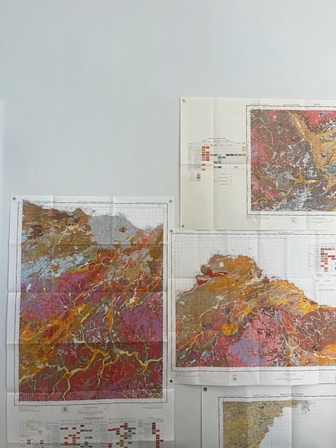 1. Ilana Halperin -- James Hutton (Parent Material) / woodblock on Yame washi paper; 2. Corkboard showing photo from the National Soils Archive and soil survey team; 3. Scotland Soil Survey maps pinned to a wall.