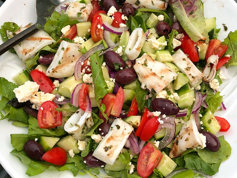 Greek Salad with Grilled Lemony Squid, Cook the Vineyard