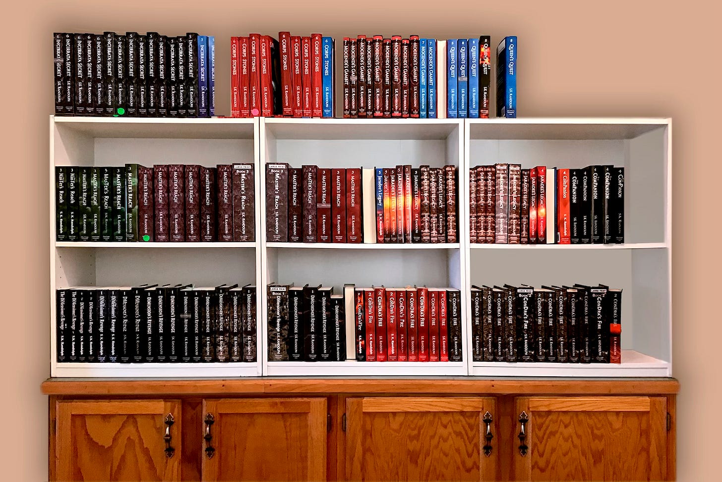 All the different editions and revisions of S.K.'s paperbacks in the VarTerels' Universe™ since 2010 shown spine out in three rows on a bookshelf. Over 137 books shown.
