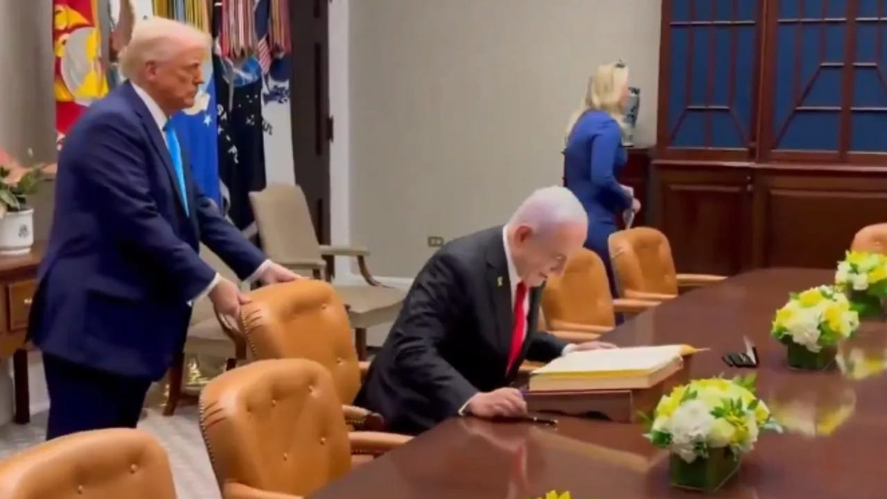  Trump pulls a chair for Netanyahu Photograph: (Screengrab from X) 