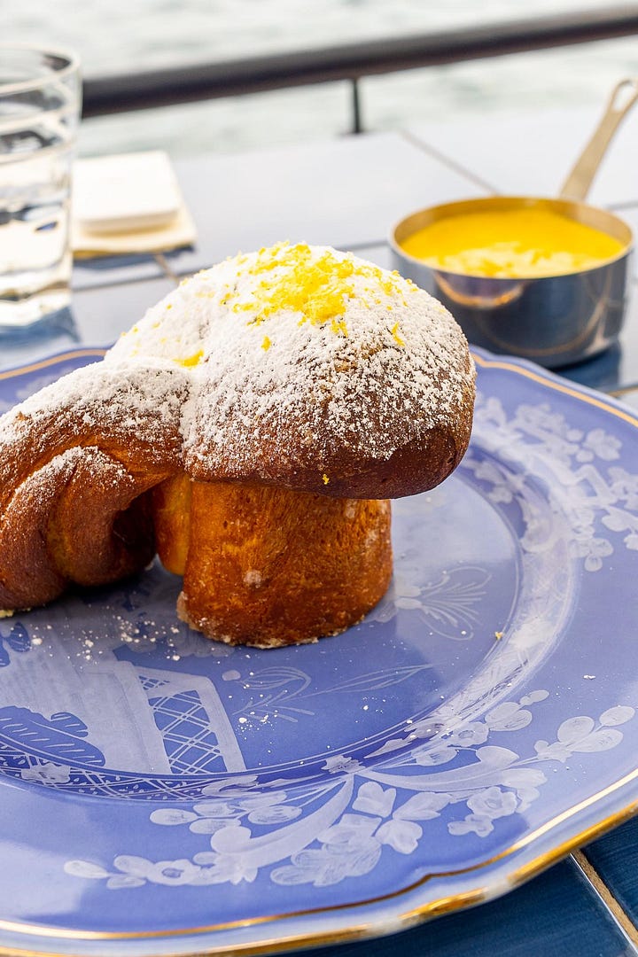 L-R: Beek cheeks and potato ratte; rum baba and zabaglione