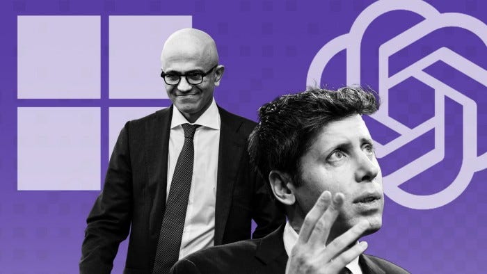 Satya Nadella, Sam Altman, Microsoft and OpenAI logos