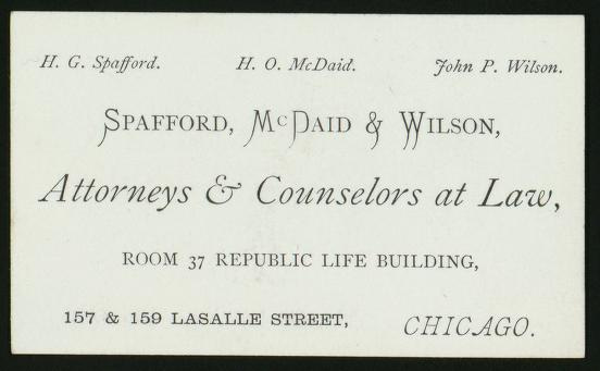 American Colony in Jerusalem Collection: Part I: Business card of attorneys Horatio  Gates Spafford, H. O. McDaid, & John P. Wilson, Chicago, Illinois | Library  of Congress
