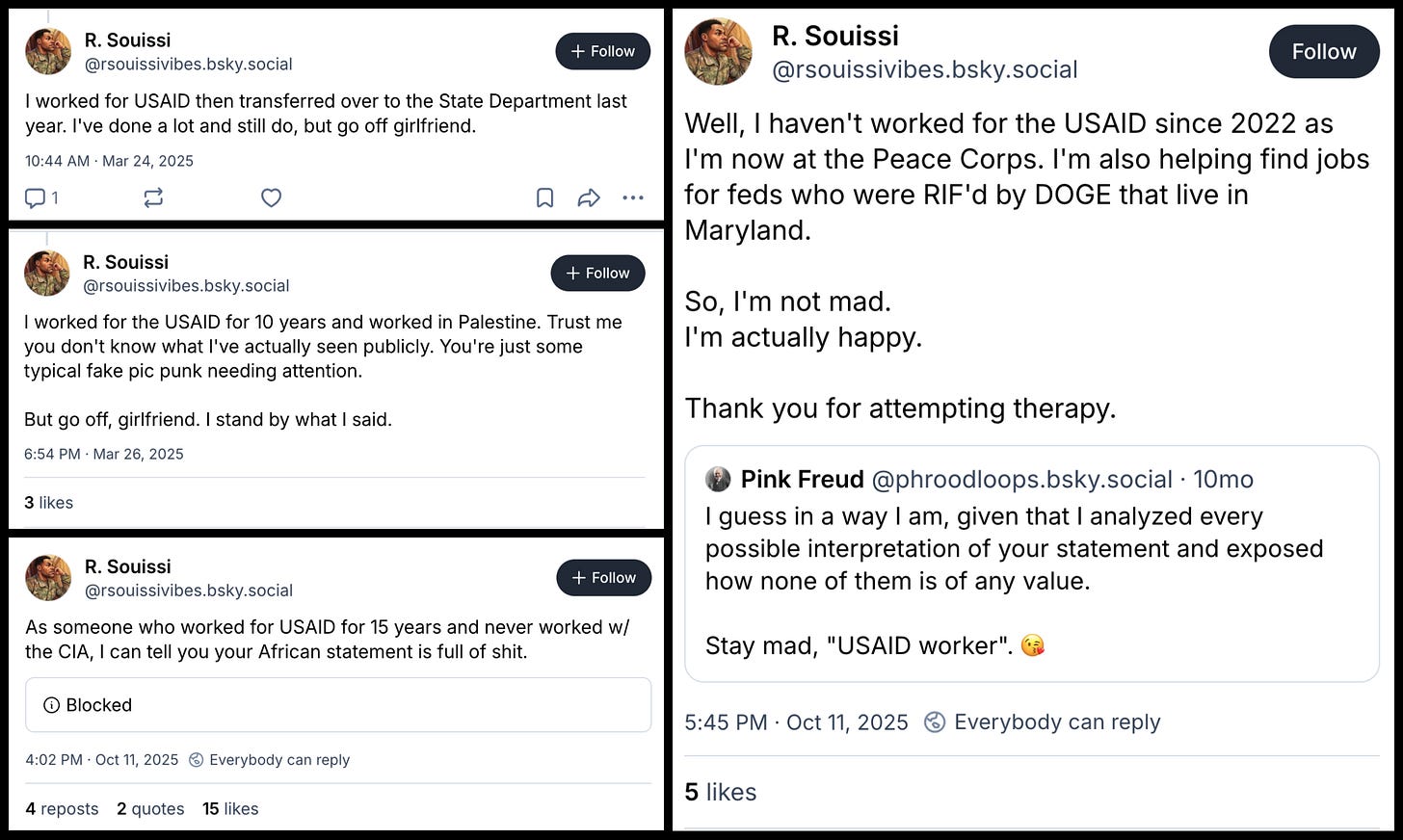 collage of conflicting @rsouissivibes.bsky.social posts regarding employment and military service collage of conflicting @rsouissivibes.bsky.social posts regarding employment and military service