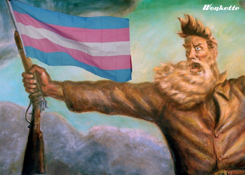 Detail of the mural 'Tragic Prelude' featuring a shouting John Brown holding his rifle in his right hand, photoshopped to make the barrel a staff for a transgender flag. I should have made it bigger to fill more of the frame. 