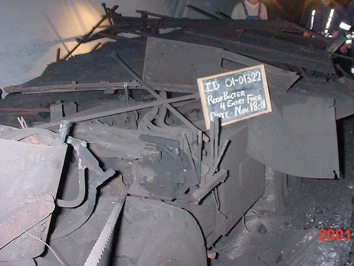 Four photographs showing Mine No. 5, a roof fall, damaged mining equipment, and an underground entry destroyed by the explosion.