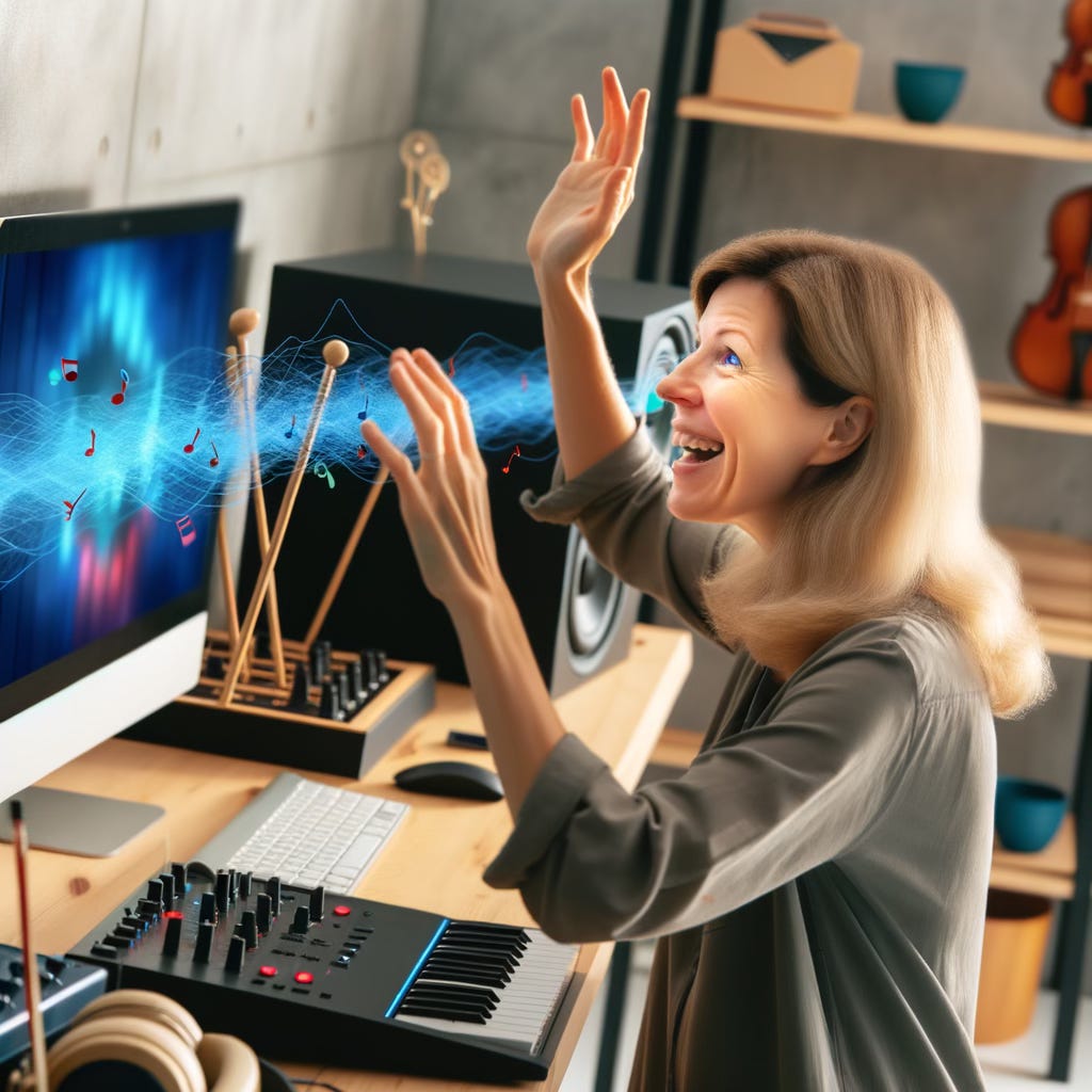 Image generated with DALL-E 3 and depicting a musician working with advanced music generation tools