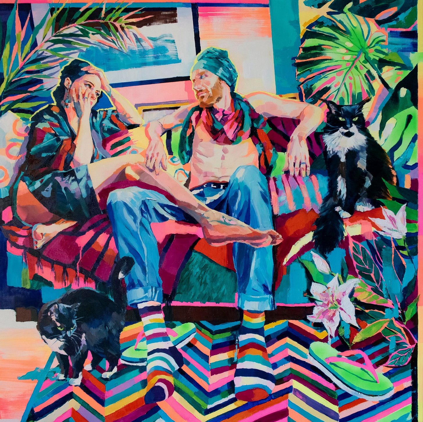 'Family' - oil, acrylic, spray paint on canvas, 100 x 100 cm.  Painting available on Artsper (click on the picture) / SOLD