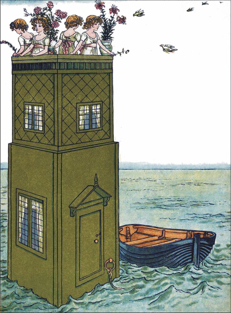 Four young women with crowns of flowers in their hair, wearing white Empire gowns gathered with pink ribbons, stand at the top of a two-story, four-sided, olive green tower with homey curtains in the windows. Each woman looks out to a different direction while birds fly down to them from overhead. The tower is situated in a teal sea with gently lapping waves, and a navy blue rowboat is lashed to a ring next to the tower door.