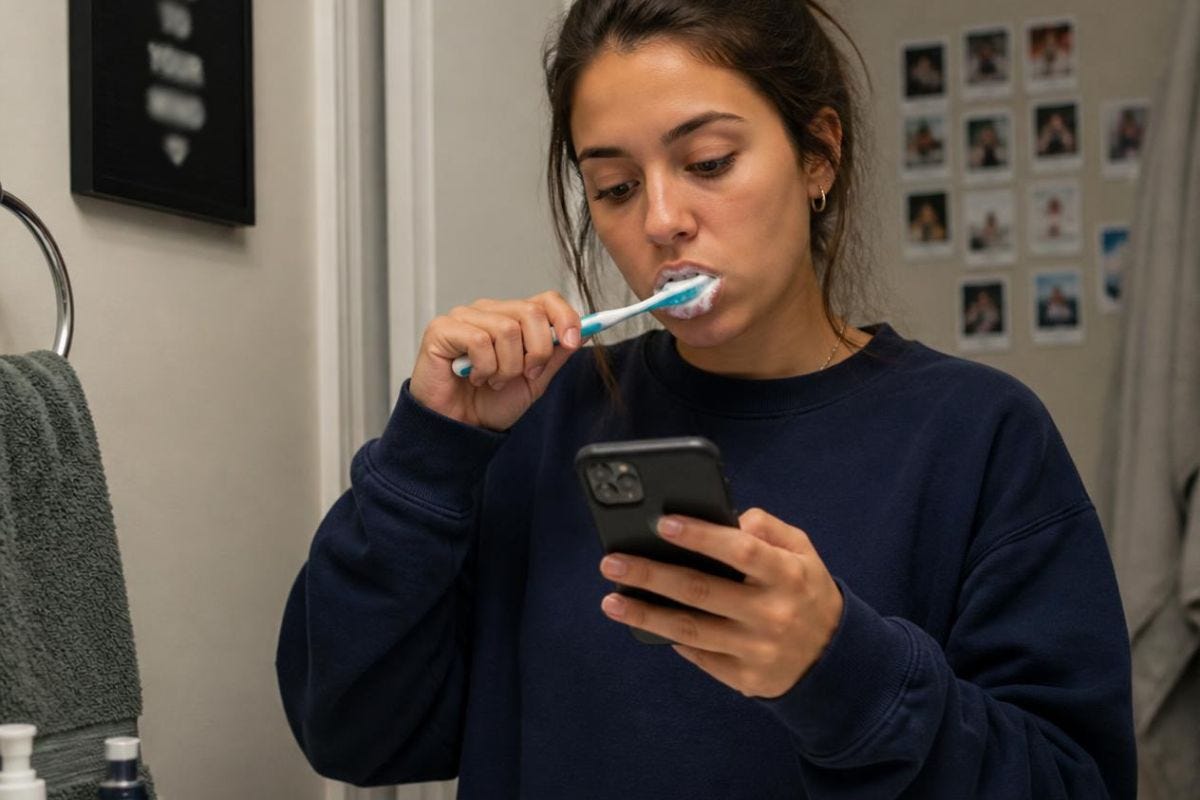 Woman brushing her teeth while looking at her phone, illustrating how attention often drifts away from the present moment.