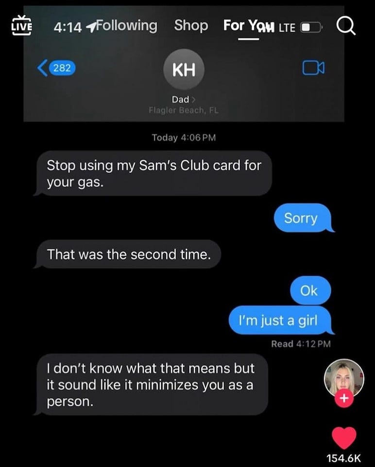 screenshot that features a woman saying she's "just a girl" and her father saying that that sounds degrading toward herself screenshot that features a woman saying she's "just a girl" and her father saying that that sounds degrading toward herself
