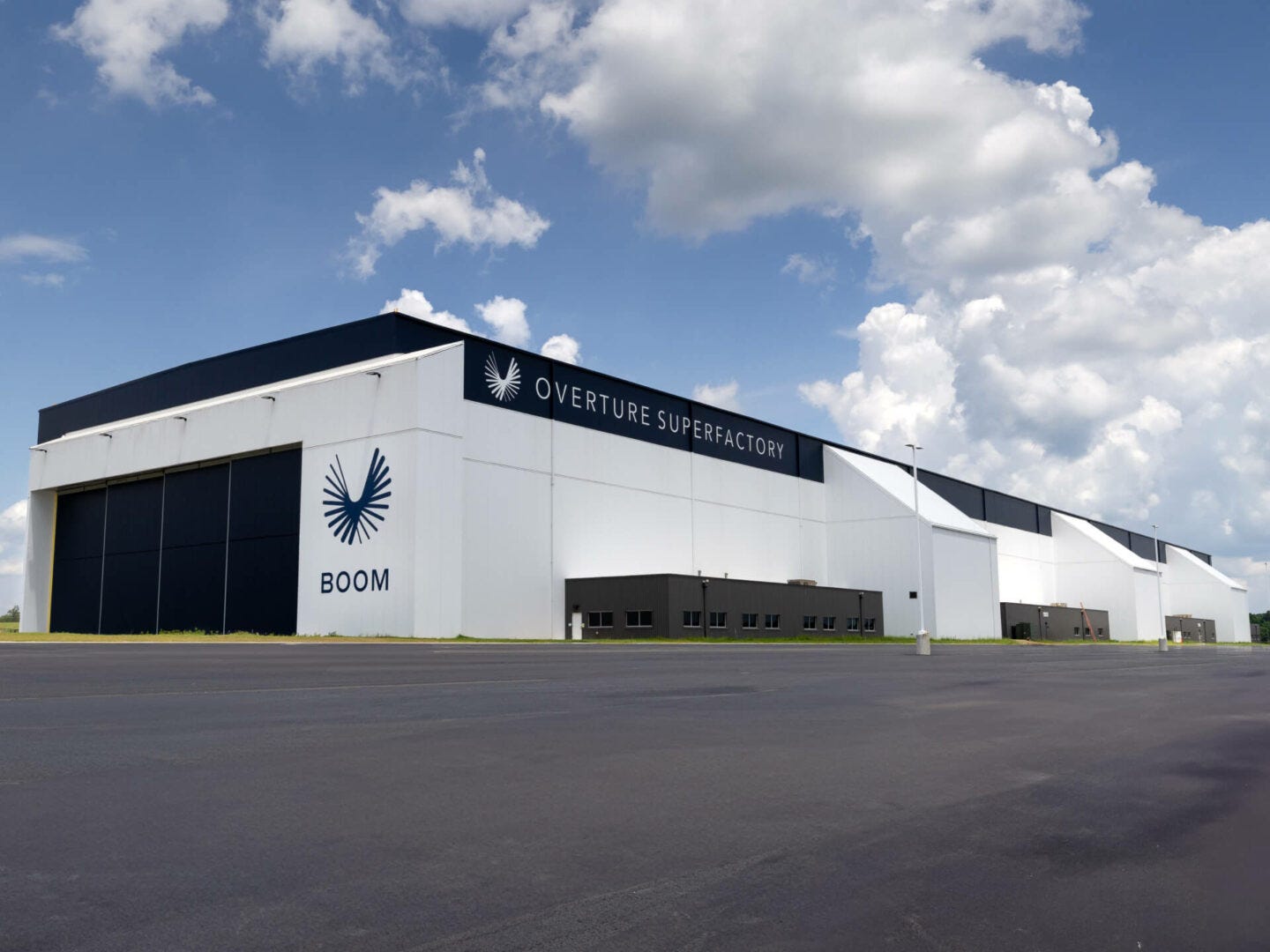 Exterior image of the Overture Superfactory, showing the completed hangar door. 