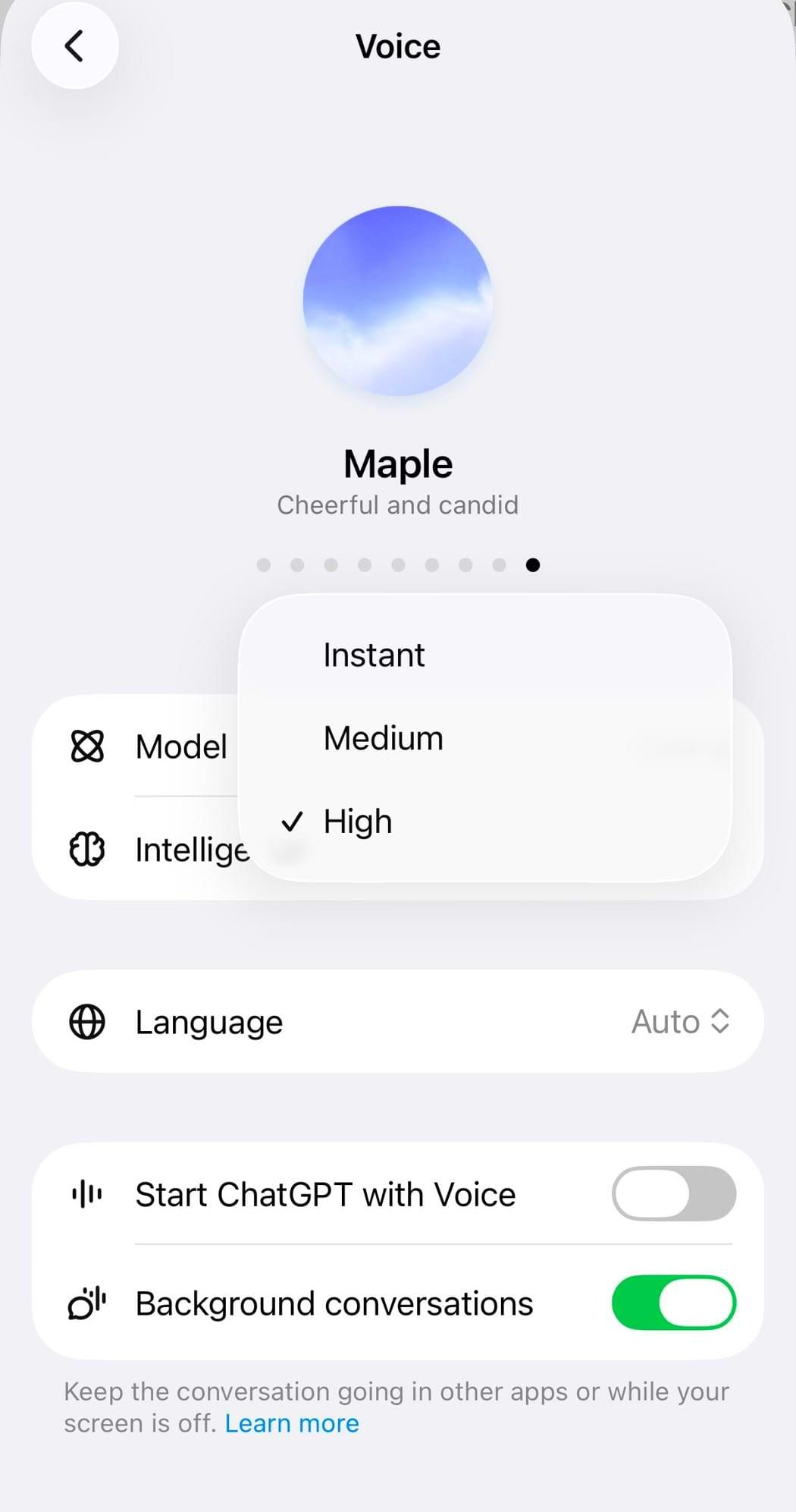 Alt Text: ChatGPT Voice settings screenshot showing the Intelligence control set to High for the Maple voice in GPT-Live voice mode.