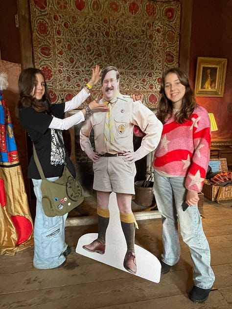 Various photos of our day at West Horsley, including a bear, lady Button's portrait and the girls posing next to a cardboard Pat