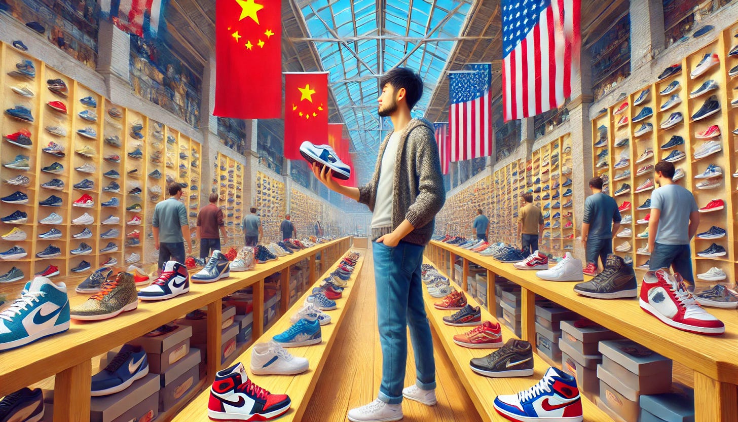 A wide aspect ratio, real-life-like image showing a Chinese guy choosing between a Chinese and an American sports shoe at a massive shoe store. The store is spacious, filled with rows of shoes neatly displayed on shelves. The Chinese guy stands in the foreground, holding a shoe in each hand, comparing them thoughtfully. One shoe is branded with 'Made in China' and features Chinese flag imprints, while the other is branded with 'Made in USA' and features American flag imprints. The background includes other shoppers browsing, with various shoe brands and styles visible. The overall atmosphere is vibrant and dynamic, capturing the diverse choices available in the store.