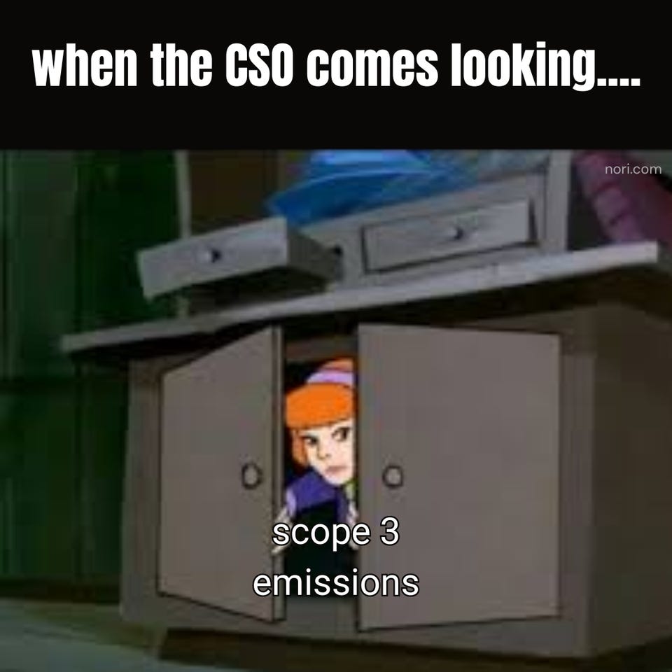 "when the CSO comes looking...." above a cartoon still of Velma from Scooby-Doo hiding in a cabinet, labelled "scope 3 emissions."
