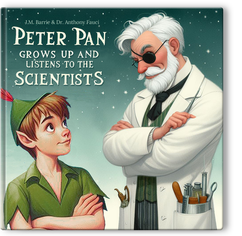 Children’s Book Cover: ‘Peter Pan Grows Up And Listens To The Scientists, by J.M. Barrie and Dr. Anthony Fauci’ (Peter Pan health freedom satire) Children’s Book Cover: ‘Peter Pan Grows Up And Listens To The Scientists, by J.M. Barrie and Dr. Anthony Fauci’ (Peter Pan health freedom satire)