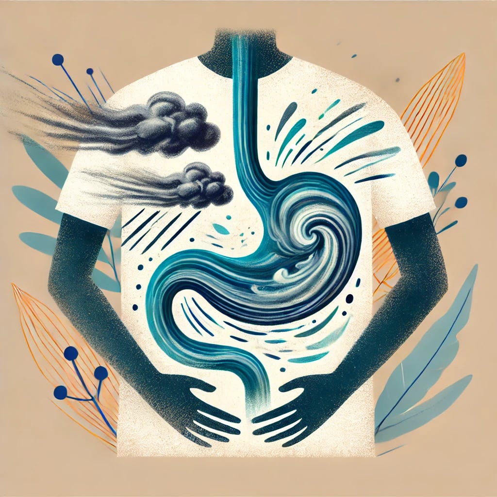 An artful illustration of a person with a storm or swirling dark clouds in their stomach area, symbolizing internal discomfort due to food intolerance. The style is expressive and abstract, using flowing lines and shapes to depict the storm in the midsection. The person is calm on the outside, but the dark swirling clouds in the stomach area convey a sense of inner turmoil or discomfort. The overall color palette is soft and muted, focusing on blues and grays to emphasize the storm within.