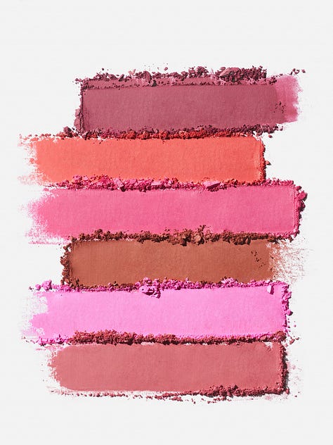 Three images: Six smears of blush; a makeup brush with bright pink blush on the end; and smears of hot pink blush.