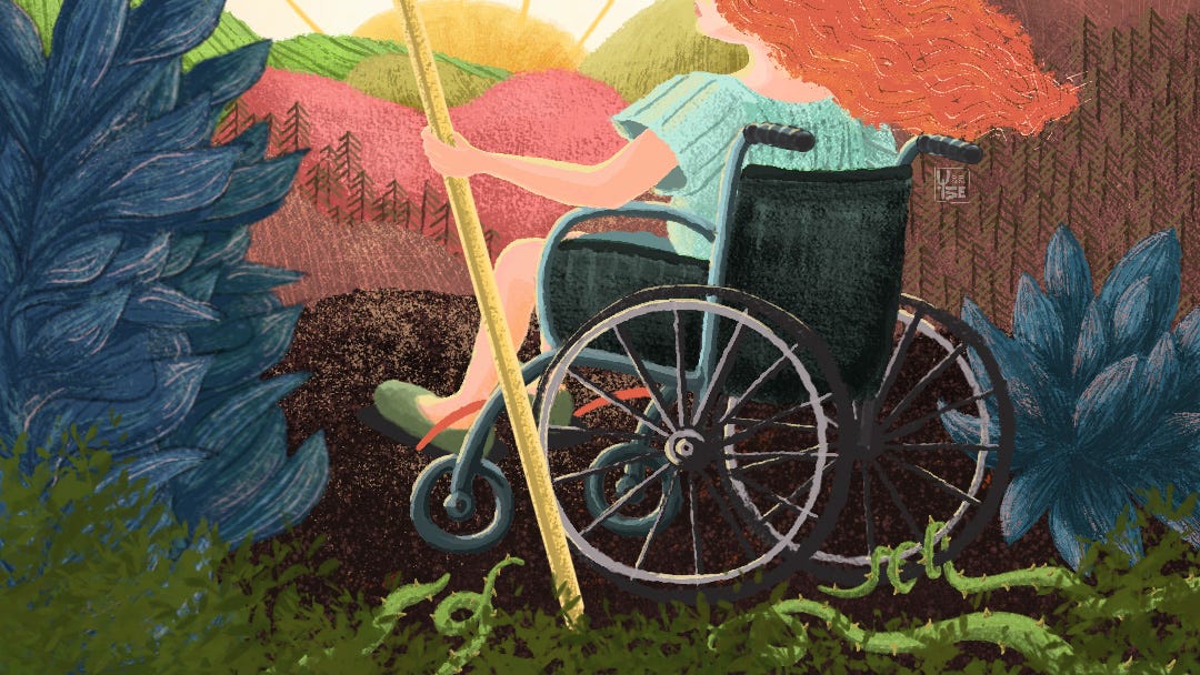 3. Cropped illustration of a white woman in a wheelchair holding a pole in her left hand, looking out across a hilly landscape and the rising sun. 3. Cropped illustration of a white woman in a wheelchair holding a pole in her left hand, looking out across a hilly landscape and the rising sun.