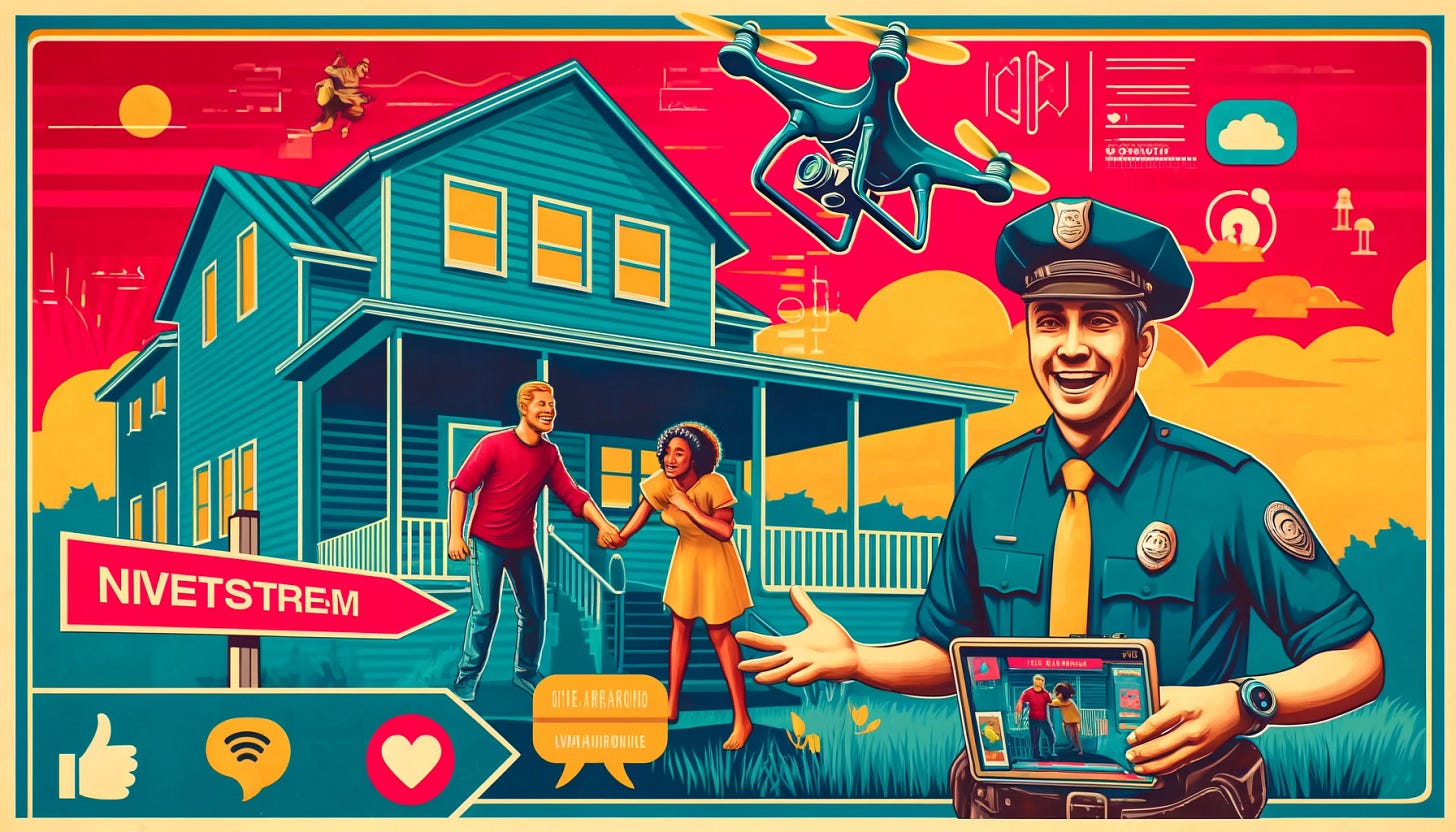 A retrofuturist poster illustration featuring a social media influencer wearing a police hat, interacting with a fighting couple in front of their house. A drone camera is filming the scene, and everyone is happy and playful. The image should feature vibrant colors and a stylized, artistic design. Incorporate elements like a livestream overlay showing engagement metrics such as likes, comments, and donations, but without text. The overall aesthetic should blend retro and futuristic elements, emphasizing a friendly and engaging atmosphere. The style should match the provided reference image.