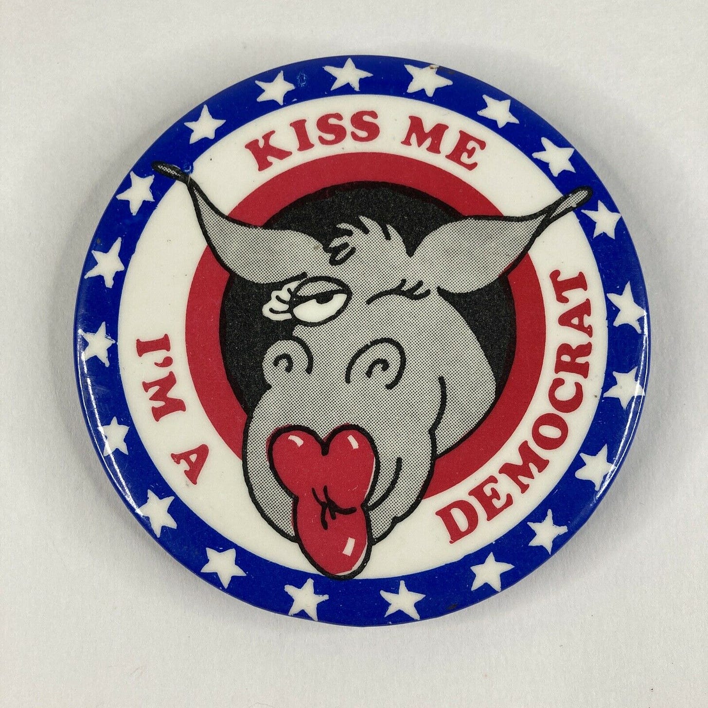 Image 1 - Vintage "Kiss Me I'm a Democrat" 3" Pin Button 1975 American Greetings Image 1 - Vintage "Kiss Me I'm a Democrat" 3" Pin Button 1975 American Greetings