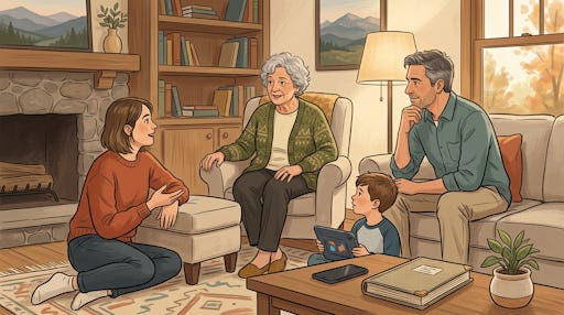 4 people of differerent generations talking to each other in a living room 4 people of differerent generations talking to each other in a living room