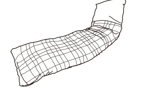 A simple line drawing of a long pillow with one end raised so it looks like a bed.
